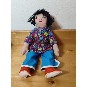 Vtg Embroidery Girl Toy Doll Yarn Hair 11" Mongolian? Native Amer? Colorful